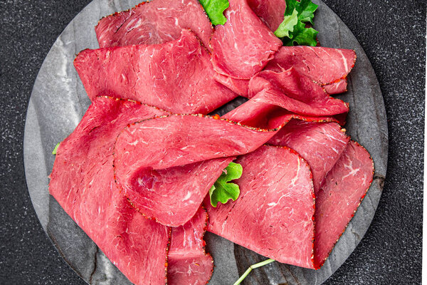 pastrami veal meat beef fresh juicy delicacy healthy meal food snack on the table copy space food background rustic top view
