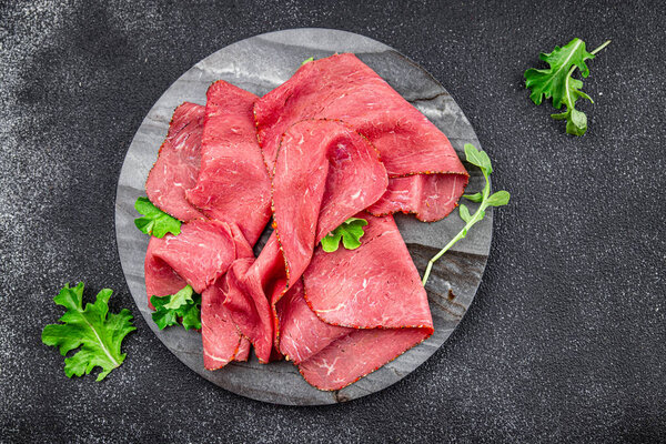 pastrami veal meat beef fresh juicy delicacy healthy meal food snack on the table copy space food background rustic top view