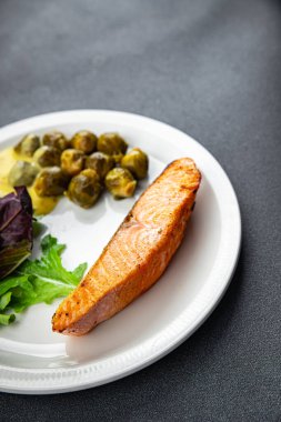 somon ve Brüksel lahanası ikinci tabak sağlıklı yemek atıştırmalıkları fotokopi masasında arka plan kırsal üst görüş keto veya paleo diyeti