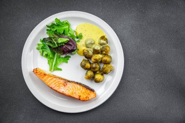 somon ve Brüksel lahanası ikinci tabak sağlıklı yemek atıştırmalıkları fotokopi masasında arka plan kırsal üst görüş keto veya paleo diyeti