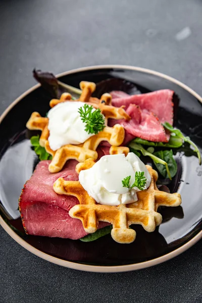 waffles savory food meat pastrami meal food snack on the table copy space food background rustic top view
