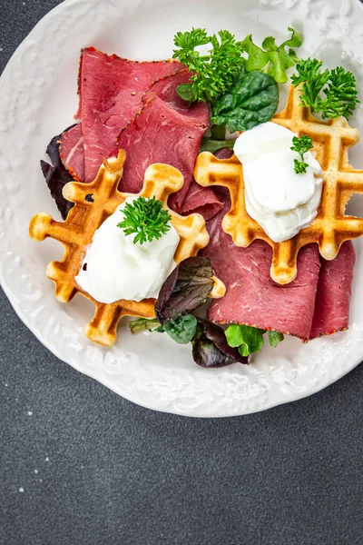 waffles meat savory food pastrami meal food snack on the table copy space food background rustic top view