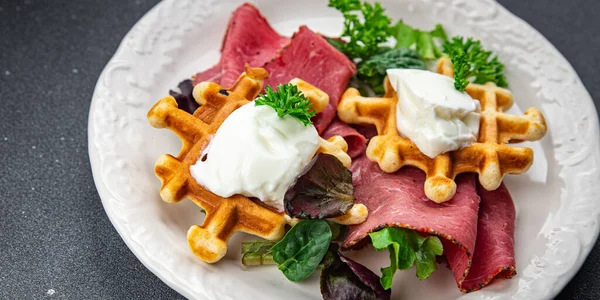 waffles meat savory food pastrami meal food snack on the table copy space food background rustic top view
