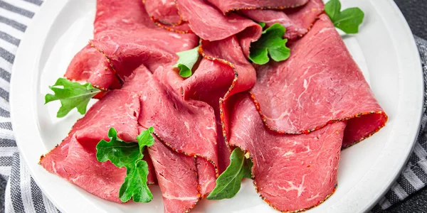 Meat Pastrami Juicy Beef Meal Veal Food Snack Table Copy — Stock Photo, Image