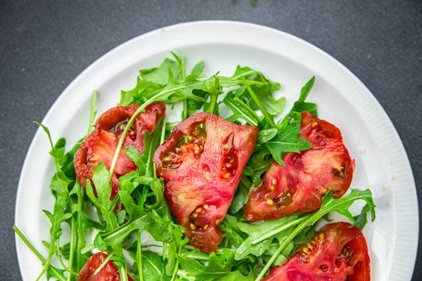 Tomate Salada Rúcula Refeição Saudável Lanche Mesa Cópia Espaço Alimento — Fotografia de Stock