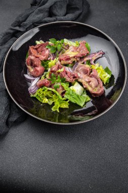 tavuk midesi salatası yeşil marul, soğan, salata sosu sebze salatası sağlıklı yemek abur cuburu fotokopi masasında arka plan kırsal üst görünüm keto veya paleo diyeti