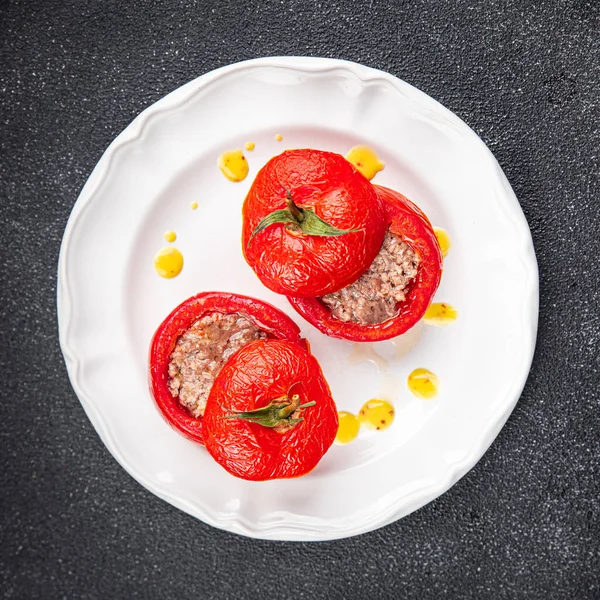 Tomate Relleno Carne Relleno Tomates Horneado Alimentos Vegetales Comida Saludable —  Fotos de Stock