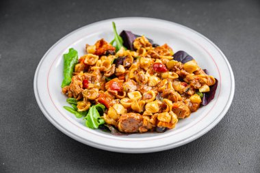 makarna salatası ton balığı ve sebze yemeği deniz mahsulü sebzeler masanın üstünde atıştırmalık uzay yiyecekleri arka plan kırsal manzarası