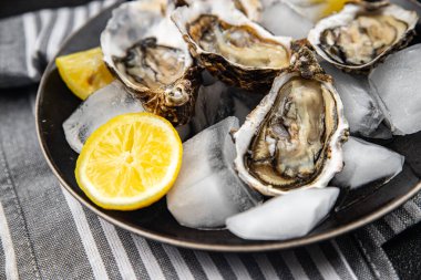 Taze istiridye deniz ürünleri sağlıklı yemek istiridyeler masaya abur cubur fotokopi uzay yiyecekleri arka plan kırsal manzarası  