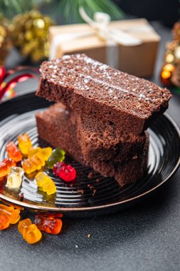 Çikolatalı pasta, tatlı tatlı bayram, yeni yıl yemeği, abur cubur, fotokopi, uzay yemeği arka plan kırsal manzarası.