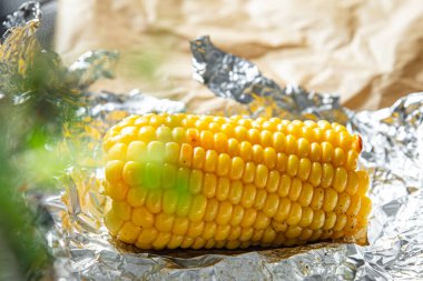 Taze mısır haşlanmış mısır. Pişmiş sebze. Sağlıklı yemek. Masada atıştırmalıklar.