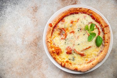 pizza dört peynirli mozzarella, gorgonzola, parmesan peyniri, emmental peynirli dilim aperatif yemeğe hazır yemek atıştırmalığı masada fotokopi uzayı arka plan kırsal manzarası