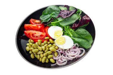 edamame fasulye salatası sebze, domates, haşlanmış yumurta, salata sosu sağlıklı aperatifler için hazır yemek aperatifleri fotokopi masasında yer yiyecek arka plan kırsal arka plan keto veya paleo diyeti vejetaryen yemeği henüz tanışılmadı.