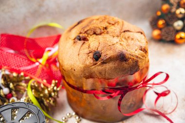 Panetone keki tatlı noel tatili tatlı tatlı yeni yıl yemeği atıştırmalıkları fotokopi masasında yer alan uzay yemeği arka plan kırsal üst görünüm