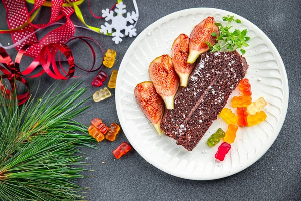 Schokoladenkuchen Weihnachten Süßes Dessert Feiertag Leckerbissen Neujahr Weihnachtsessen Essen Snack — Stockfoto