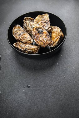 Taze istiridye kabuğu istiridye deniz ürünleri yemek aperatifi masanın üzerinde fotokopi uzayı yiyecek arka plan kırsal manzarası