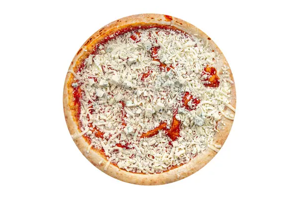 Pizza Crua Quatro Queijos Sortidos Queijo Akmezan Gorgonzola Mussarela Emmental — Fotografia de Stock