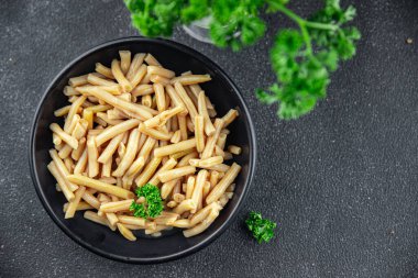 Çalı fasulyesi sarısı konserve yiyecek aperatif yemek aperatifi masa üzerinde yemek fotokopisi arka plan kırsal üst görüş keto veya paleo diyet vejetaryen vejetaryen