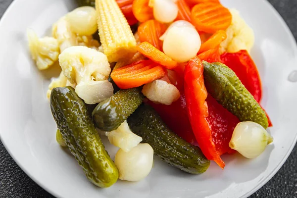 Pickled Vegetables Salad Cucumber Gherkin Carrot Onion Cauliflower Pepper Appetizer — Stock Photo, Image