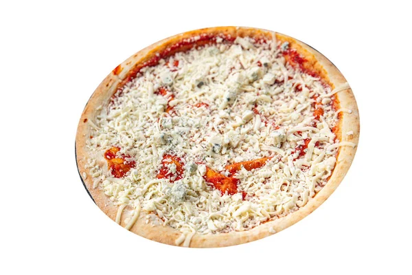 Rauwe Pizza Vier Kazen Parmezan Mozzarella Emmentaal Cheddar Tomatensaus Fast — Stockfoto