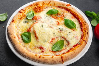 Taze pizza dilimlenmiş peynir hazır yemek atıştırmalıkları masanın üzerinde fotokopi uzayı arka plan kırsal manzarası