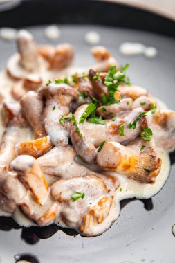 Chanterelle jülyen kremalı mantar sosu aperatif yemek aperatifleri masa üzerinde fotokopi uzay yiyecekleri arka plan kırsal üst görünüm 