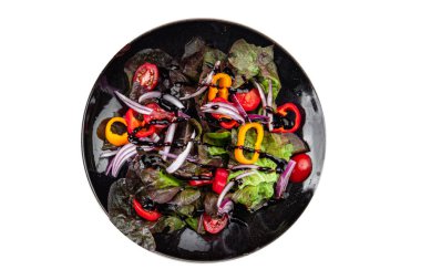 Taze salata çerezi meşe yaprağı, domates, soğan, tatlı biber aperatifi masanın üzerinde fotokopi alanı arka plan kırsal manzarası. 