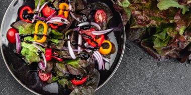 Taze salata çerezi meşe yaprağı, domates, soğan, tatlı biber aperatifi masanın üzerinde fotokopi alanı arka plan kırsal manzarası. 