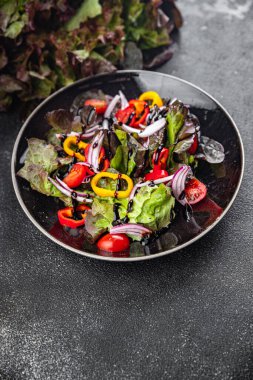 Taze salata çerezi meşe yaprağı, domates, soğan, tatlı biber aperatifi masanın üzerinde fotokopi alanı arka plan kırsal manzarası. 
