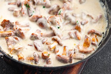 Chanterelle jülyen mantar kreması sosu taze lezzetli yemek atıştırmalıkları masanın üzerinde fotokopi uzay yiyecekleri arka plan kırsal üst görünüm 