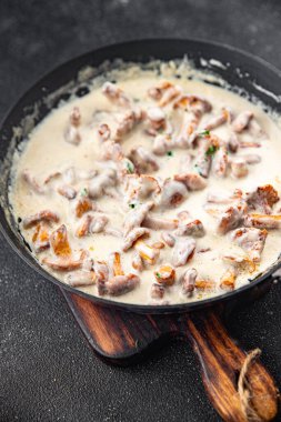 Chanterelle jülyen mantar kreması sosu taze lezzetli yemek atıştırmalıkları masanın üzerinde fotokopi uzay yiyecekleri arka plan kırsal üst görünüm 