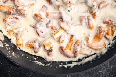 taze chanterelle julienne mantar krem sosu lezzetli yemek atıştırmalıkları masanın üzerinde fotokopi uzayı arka plan kırsal manzarası 