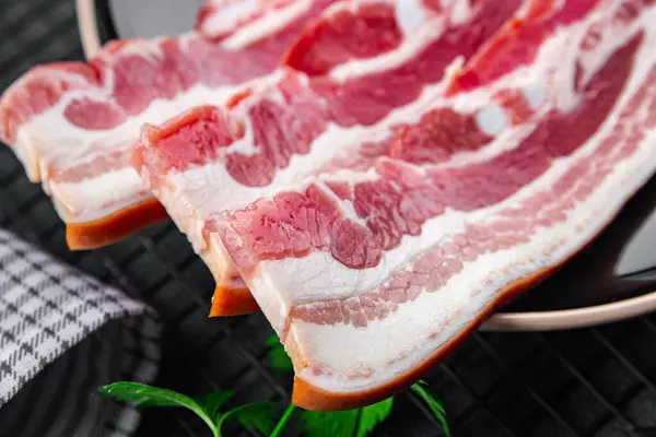 Tocino Rebanadas Carne Fresca Producto Cerdo Comer Cocina Aperitivo Comida —  Fotos de Stock
