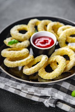 Soğan halkaları hamuru derin tava sosu fast food yemek iştah açıcı yemek aperatifleri fotokopi masasında yer alan uzay yiyecekleri arka plan kırsal üst görünüm