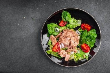 Salata konservesi ton balığı taze sağlıklı yemek aperatif aperatif masada ezeratif yemek fotokopi uzayı arka plan kırsal manzarası 