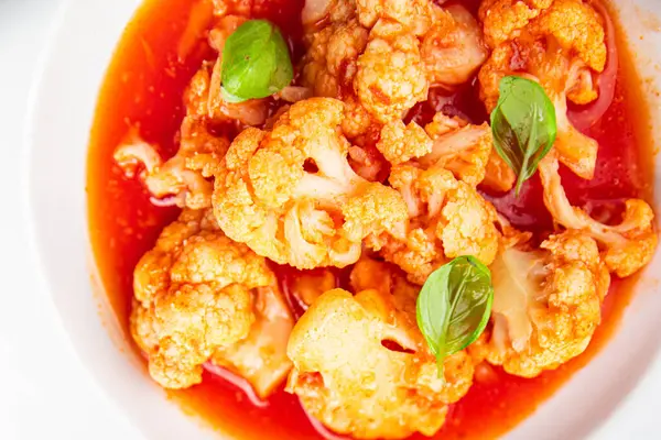 Cauliflower Tomato Sauce Stewed Vegetable Second Course Healthy Eating Cooking Stock Image