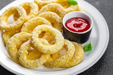 Soğan halkaları, fast food, fritöz, domates sosu, aperatif yemek, sofrada yemek, fotokopi, arka plan, kırsal alan manzarası.