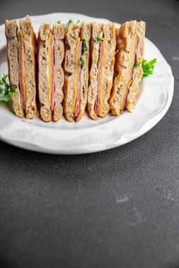 Sandviç, jambon, biftek, et, aperatif, meze, meze fotokopi, uzay yemeği arka plan, kırsal üst görüş.