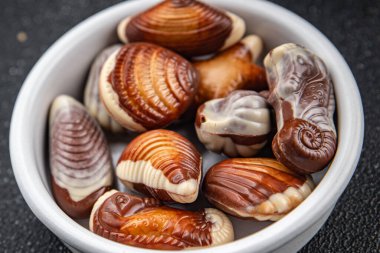 Çikolatalı deniz kabuğu, tatlı tatlı, iştah açıcı, yemek atıştırmalığı, fotokopi masasında.