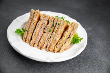 Sandviç, hamburger, jambon, biftek, et, aperatif, meze, meze fotokopi, uzay yemeği arka plan, kırsal manzara.