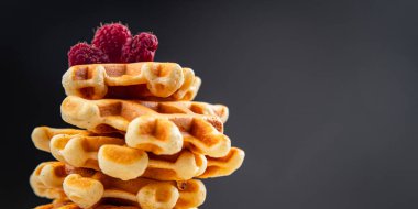 Tatlı waffle 'lar lezzetli Belçika waffle' ları sağlıklı yemek aperatifleri yemek aperatifleri fotokopi masasında uzay yiyecekleri arka plan kırsal manzarası