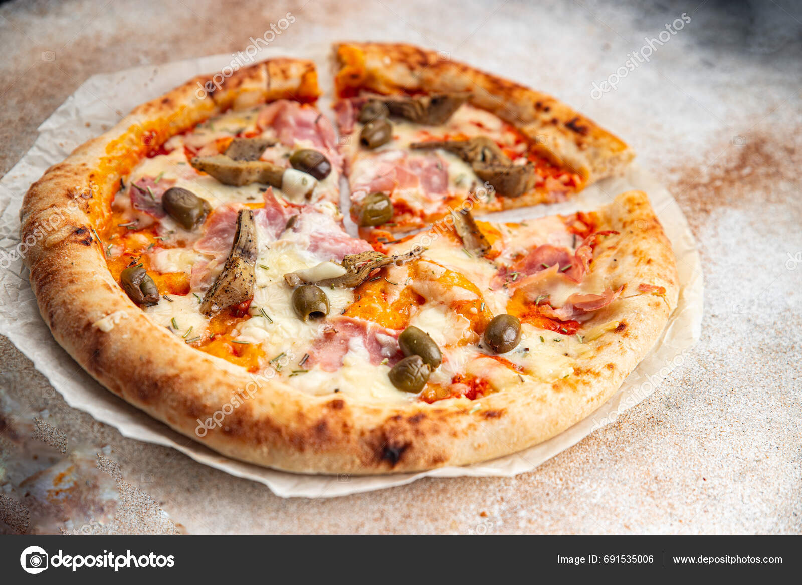Pizza Artichoke Ham Olives Fast Food Eating Cooking Meal Food Stock