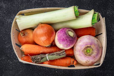 Çiğ sebze çorbası seti pırasa, havuç, kereviz, şalgam, taze sağlıklı otlar iştah açıcı yemek atıştırmalıkları masa üzerinde fotokopi uzay yemeği arka plan kırsal üst görünüm