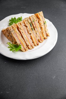 Sandviç peynirli jambonlu et tabağı aperatif yemek atıştırmalıkları masanın üzerinde fotokopi odası arka plan kırsal manzarası