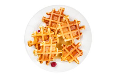 Waffle tatlı tatlı Belçika waffle yemek aperatifleri masanın üzerinde fotokopi uzay yiyecek arka plan kırsal üst görünüm