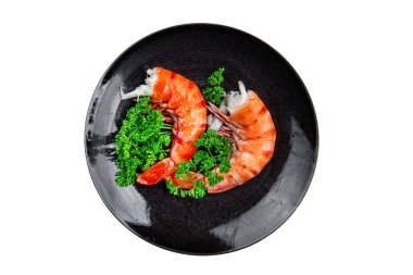 Karides gambas langoustine büyük karides yemek aperatifi masada fotokopi uzayı arka plan kırsal üst görünüm 