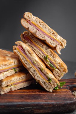 Sandviç, peynir, et, aperatif, meze, yemek, fotokopi, arka plan, köy manzarası.