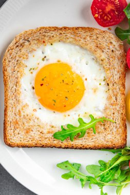 Kızarmış yumurtalı tost yumurta sarısı proteini lezzetli kahvaltı lezzetli sağlıklı yemekler iştah açıcı yemek aperatifler masada fotokopi uzayı arka plan kırsal manzarası