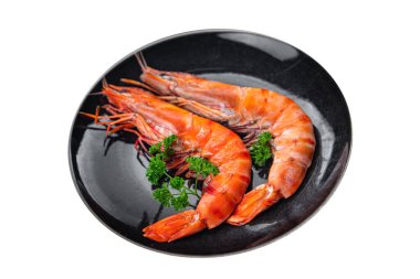 Langoustine büyük gambas karides taze karides iştah açıcı yemek aperatifleri fotokopi masasında uzay yiyecekleri arka plan kırsal üst görünüm