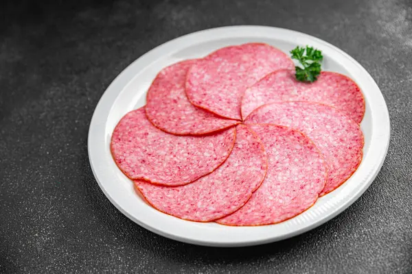 salami sausage meat ready to eat  eating cooking appetizer meal food snack on the table copy space food background rustic top view